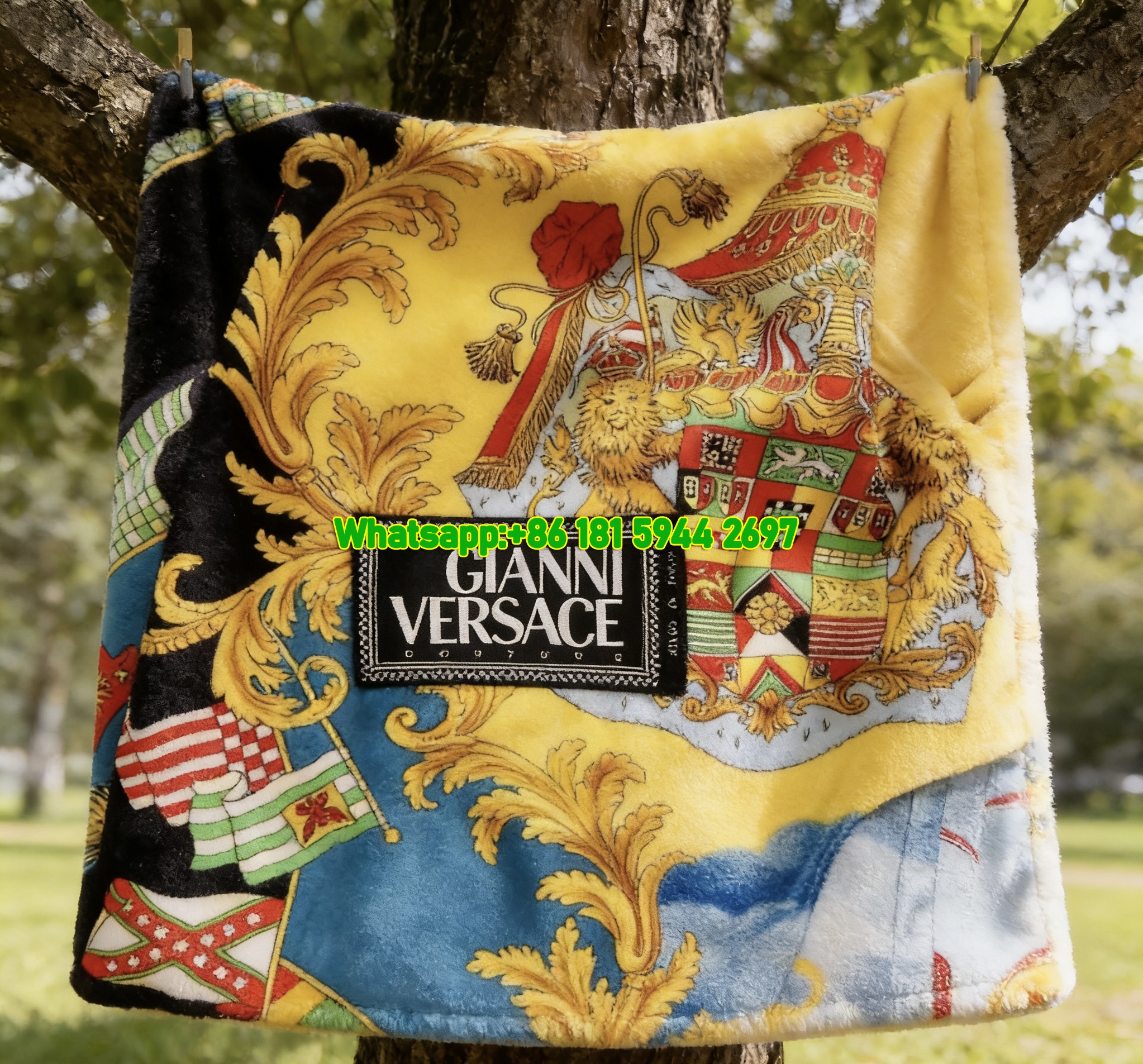 Gianni Versace Couture Heraldic Flag and Baroque Print Flannel Throw Blanket in Yellow Blue and Multicolor IMG_1587